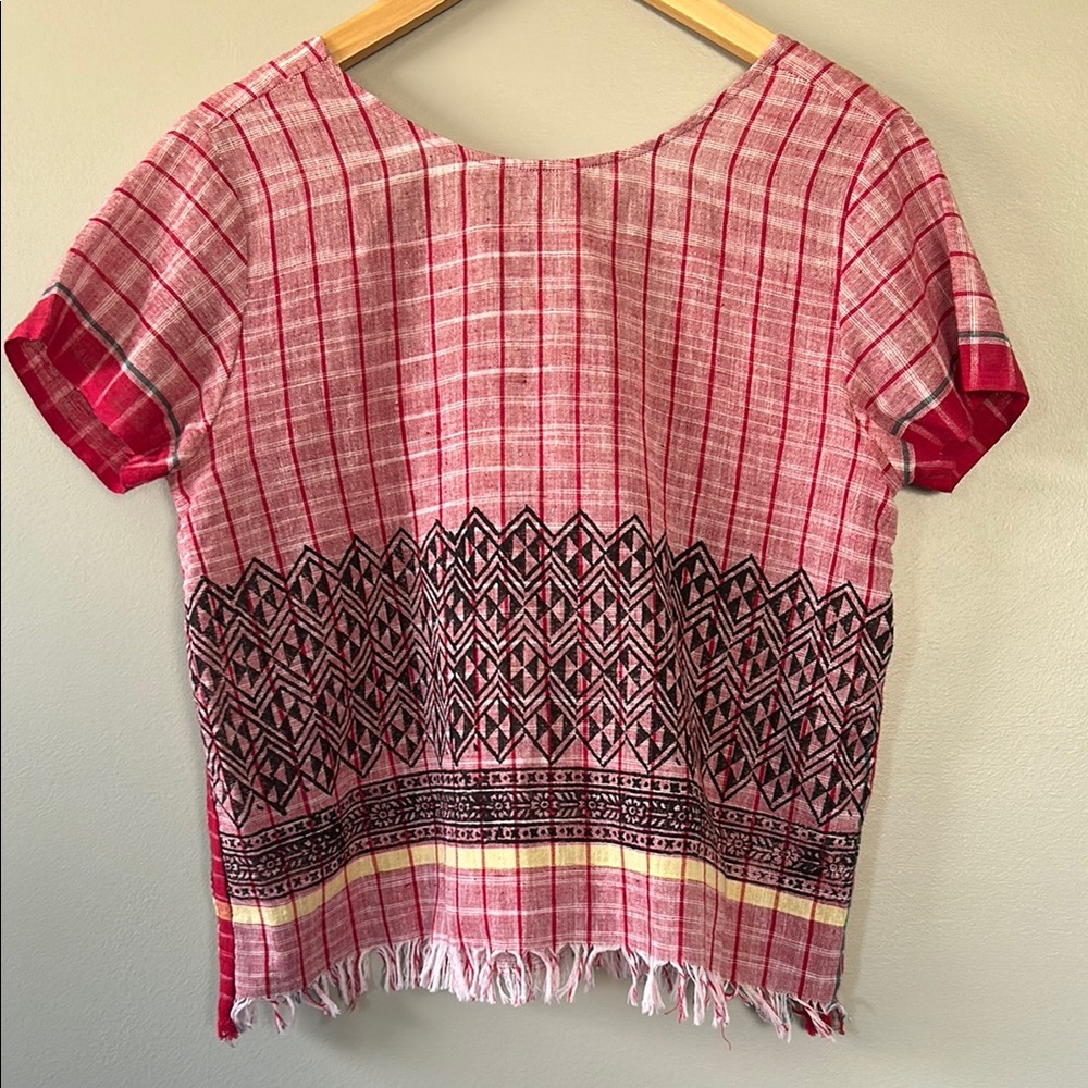 Anthropologie Kopal Cotton Woven Boho Top Size M Fringe Red Black Yellow
